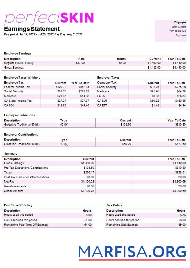 Printable Dermatology company paystub real example